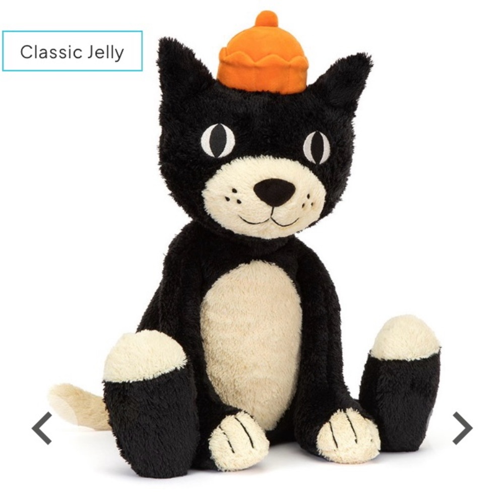 Huge BNWT 🐱🐈‍⬛ Jellycat Jack Classic Black and White Cat Plush with Orange Hat